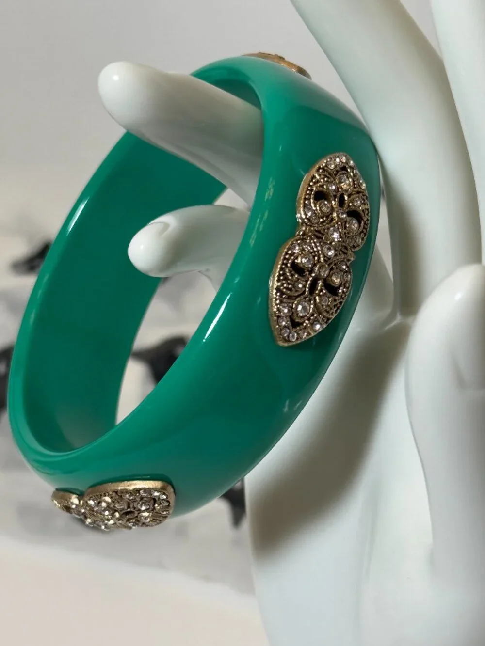 Green Teal Jeweled Cuff Bangle Bracelet Faux Diamond Jeweled Vintage Look